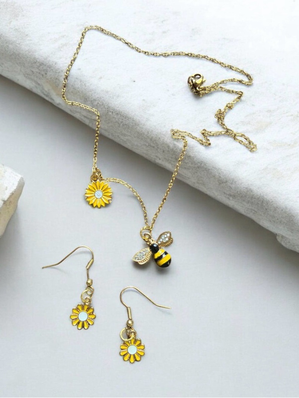 Handcrafted Golden Honey Bee & Sunflower Necklace & Earring Jewelry Set NEW